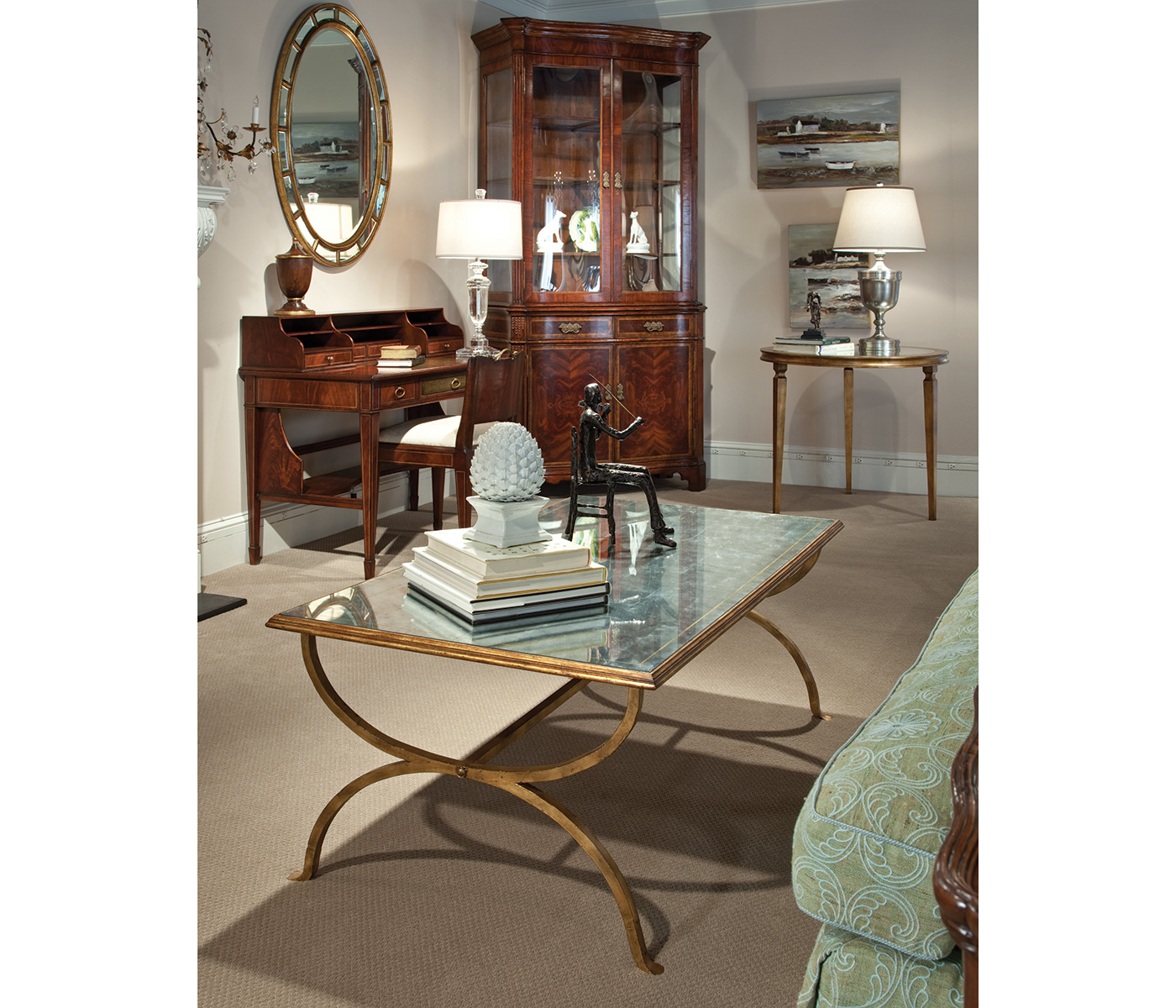 Walnut framed oval panelled mirror (Plain glass)