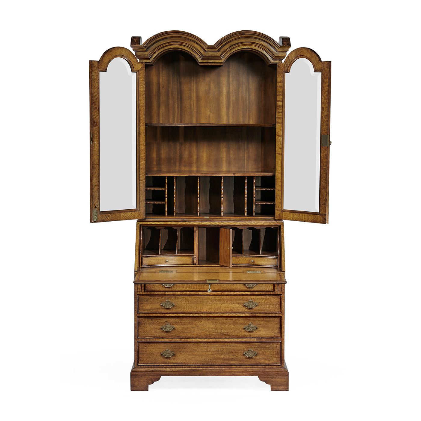 Queen Anne Light Walnut Bureau Cabinet with Glass Doors
