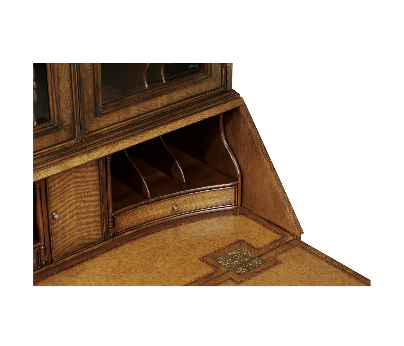 Queen Anne Light Walnut Bureau Cabinet with Glass Doors