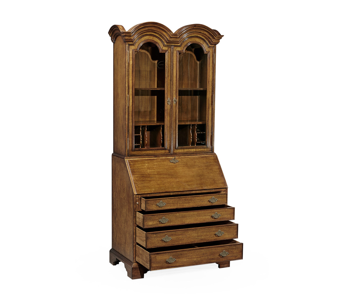 Queen Anne Light Walnut Bureau Cabinet with Glass Doors