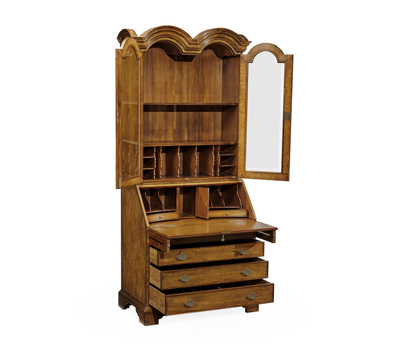 Queen Anne Light Walnut Bureau Cabinet with Glass Doors