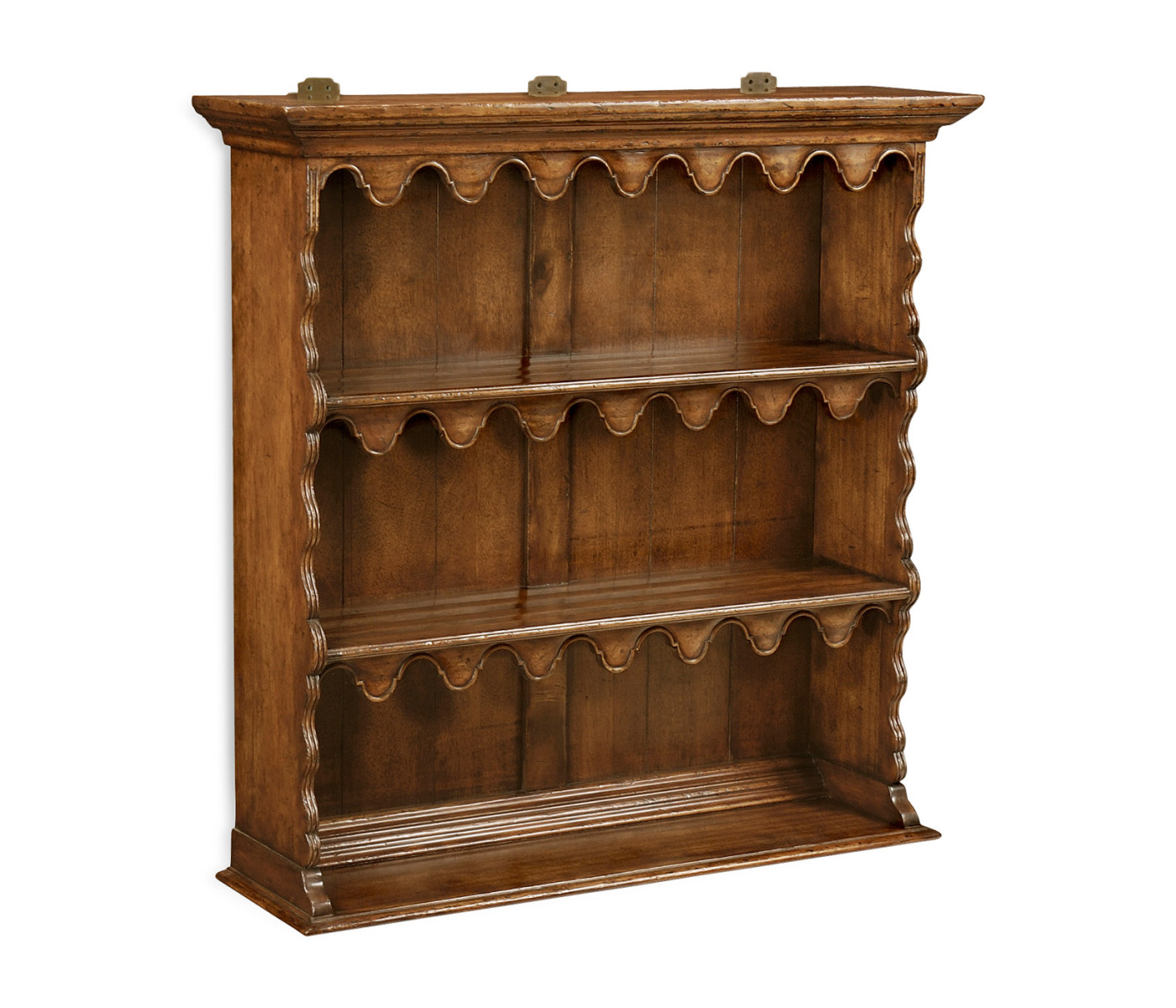 Walnut hanging shelf with scalloped shelves