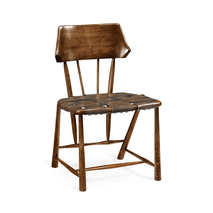 Walnut smokers side chair with webbed medium antique chestnut leather seat