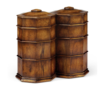 Pair of Glass Decanters in Conjoined Octagonal Walnut Cases