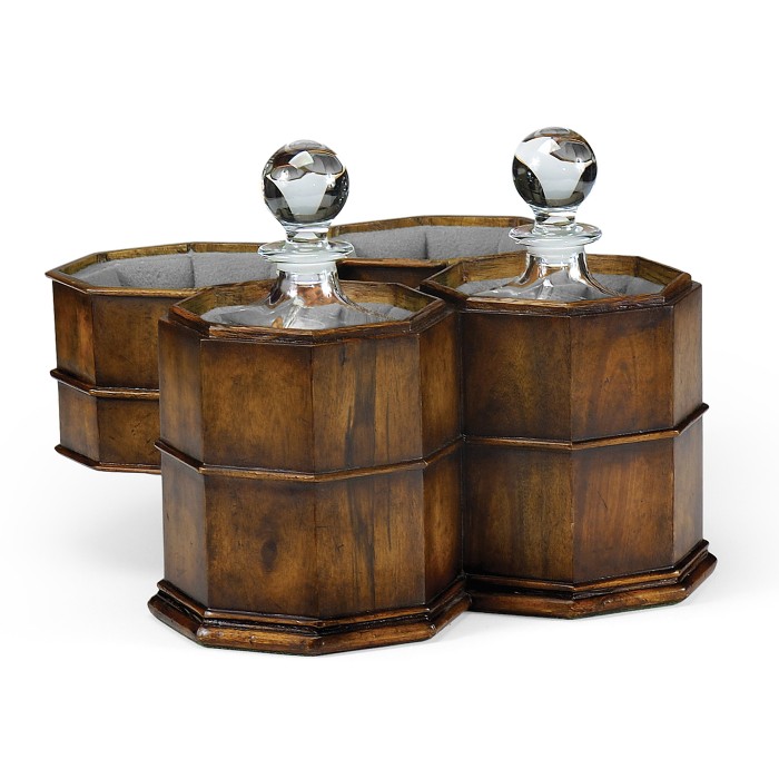 Pair of Glass Decanters in Conjoined Octagonal Walnut Cases