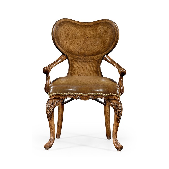George I style walnut kidney desk chair with medium antique chestnut leather