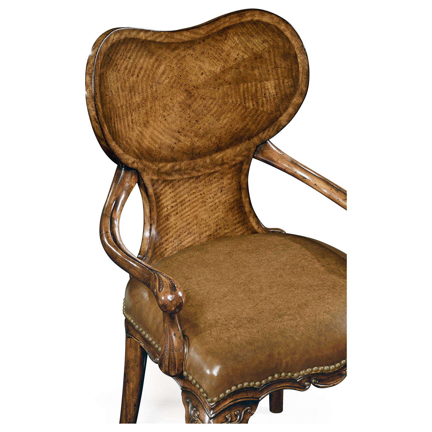 George I style walnut kidney desk chair with medium antique chestnut leather