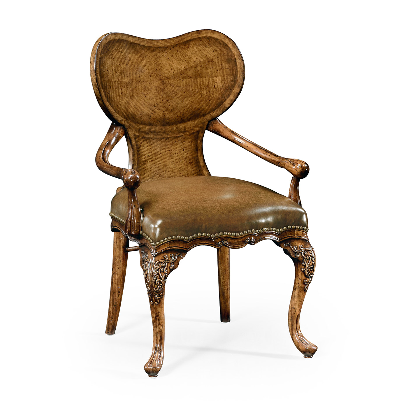 George I style walnut kidney desk chair with medium antique chestnut leather