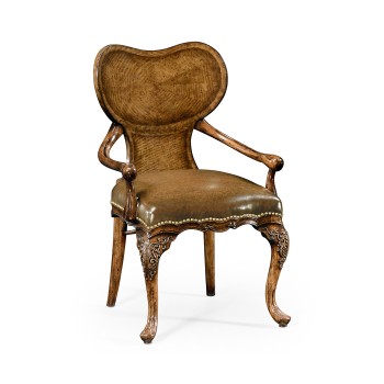 George I style walnut kidney desk chair with medium antique chestnut leather
