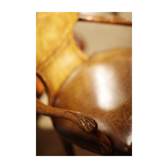 George I style walnut kidney desk chair with medium antique chestnut leather