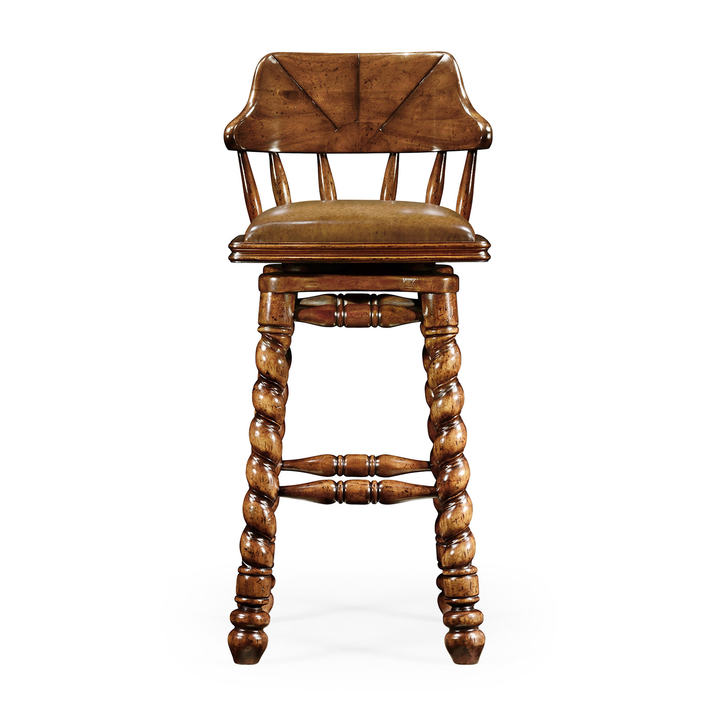 Country style walnut leather barstool with barley twist legs