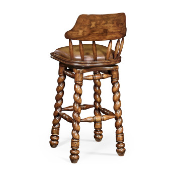 Country style walnut leather barstool with barley twist legs