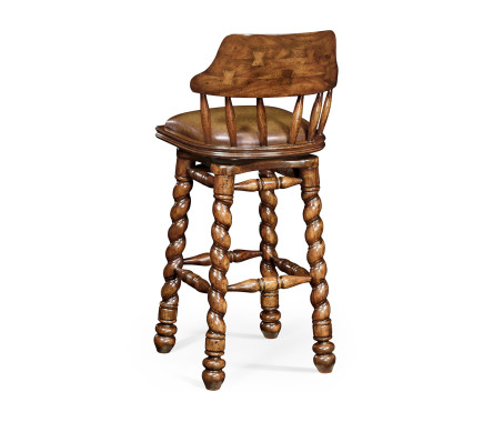 Country style walnut leather barstool with barley twist legs