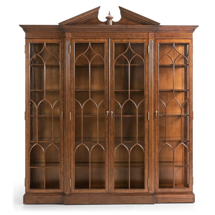 Triple Breakfront Walnut Display Cabinet with Pediment