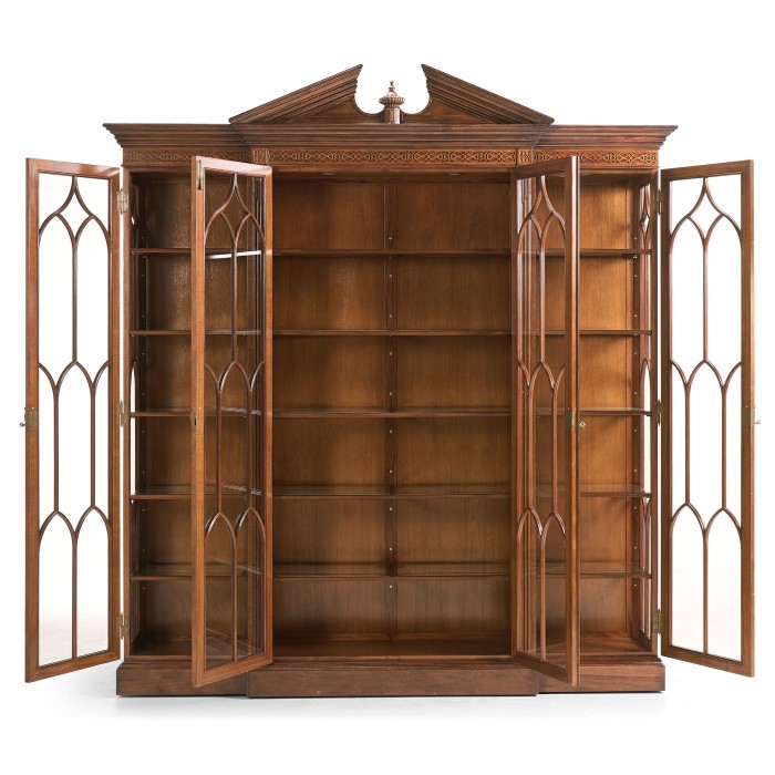 Triple Breakfront Walnut Display Cabinet with Pediment