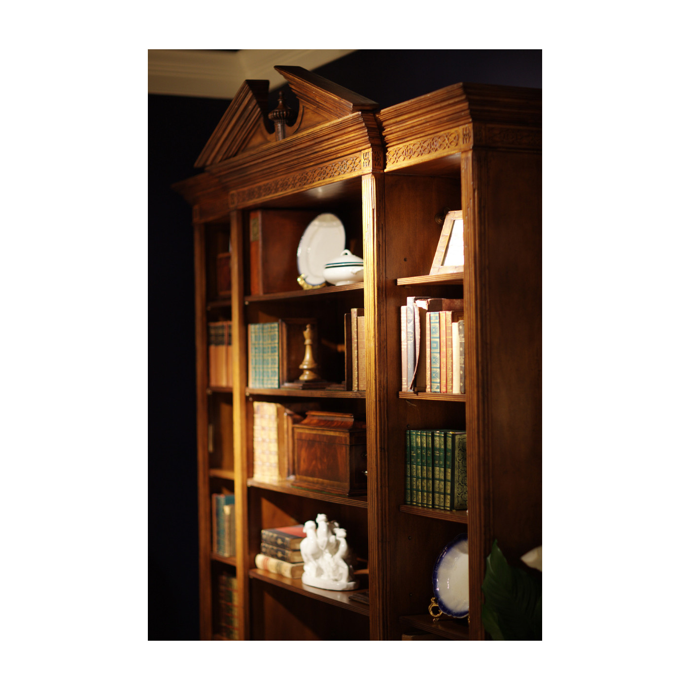 Triple Breakfront Walnut Display Cabinet with Pediment