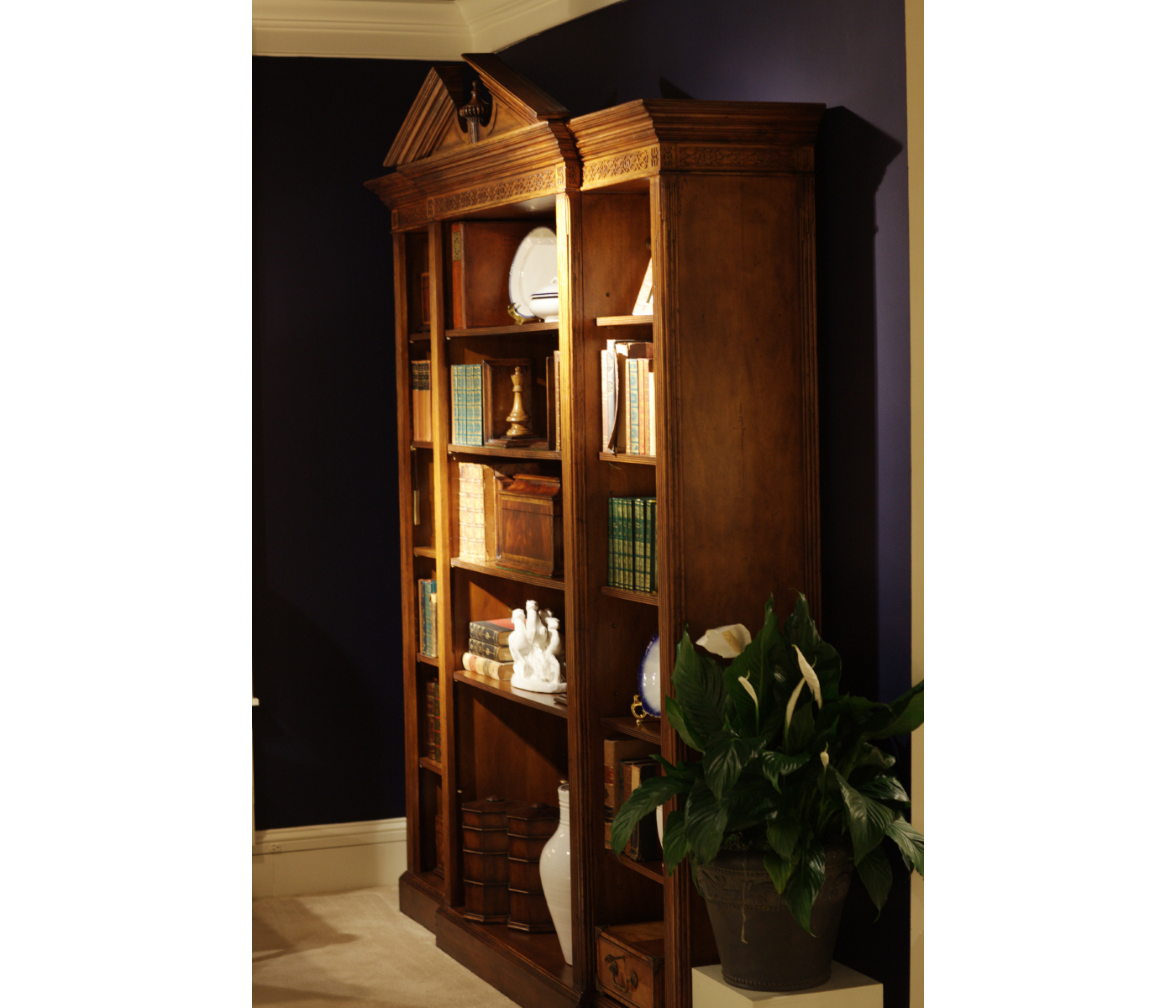 Triple Breakfront Walnut Display Cabinet with Pediment