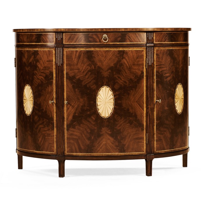 Crotch Mahogany Demilune with Marquetry