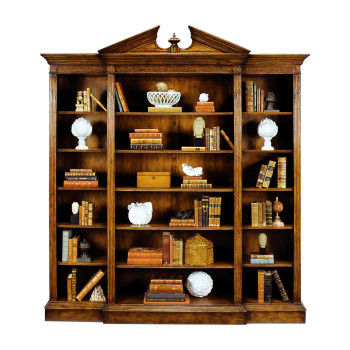 Triple Breakfront Walnut Open Bookcase with Pediment