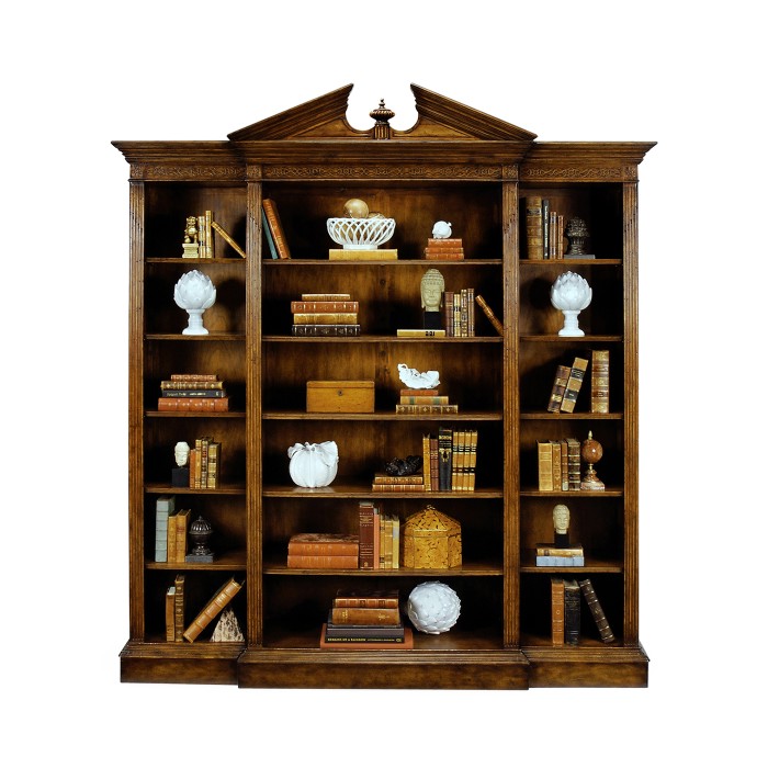 Triple Breakfront Walnut Open Bookcase with Pediment
