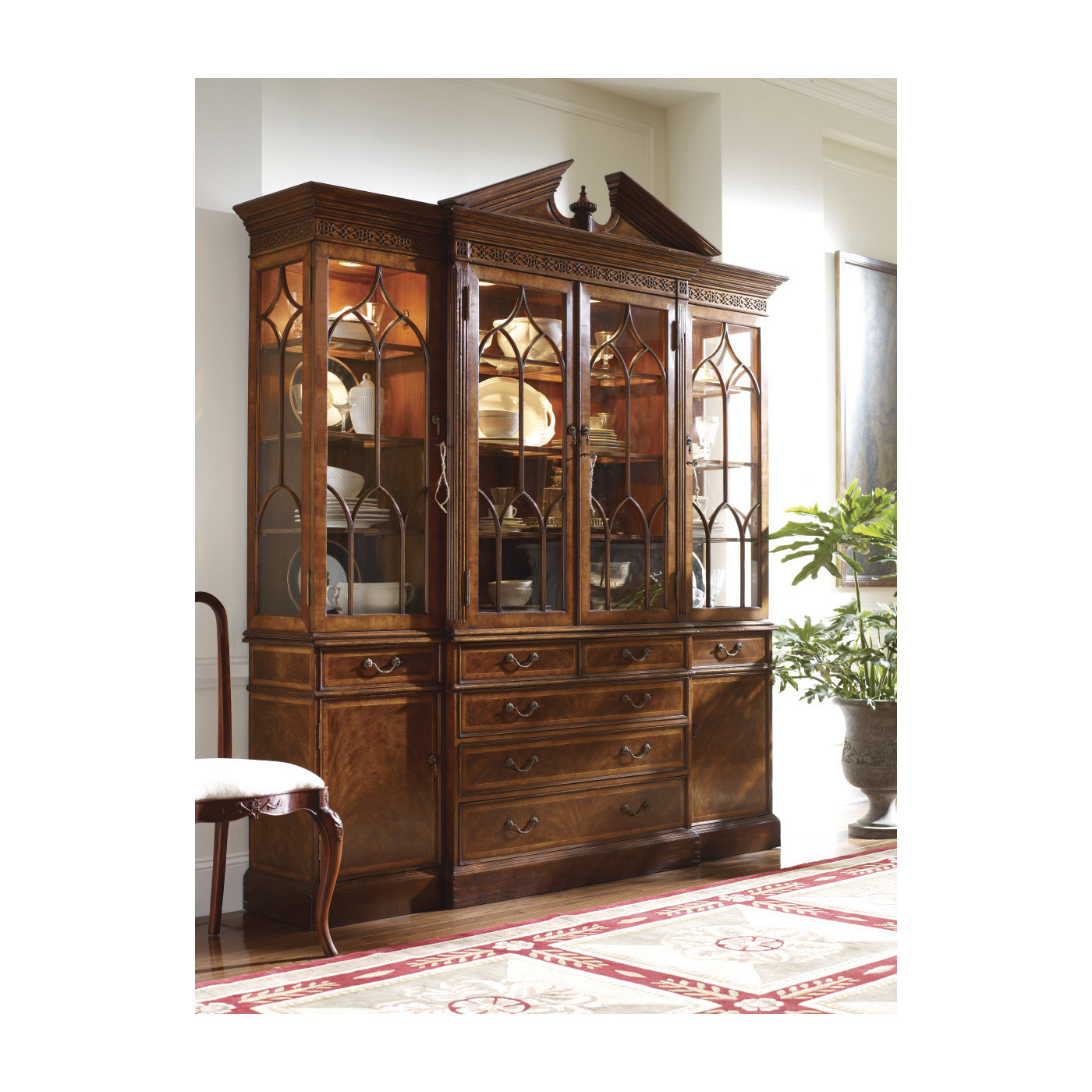 Triple Walnut Display Cabinet with Drawers