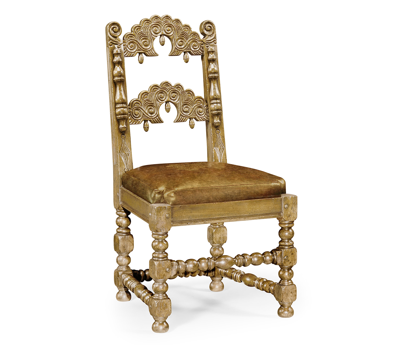 Elizabethan Style Natural Oak Side Chair Open Back with Antique Chestnut Leather
