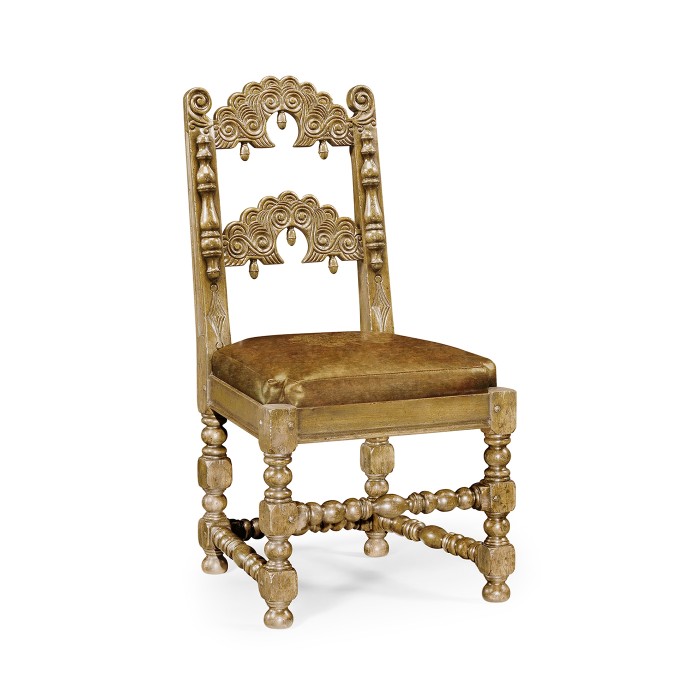 Elizabethan Style Natural Oak Side Chair Open Back with Antique Chestnut Leather