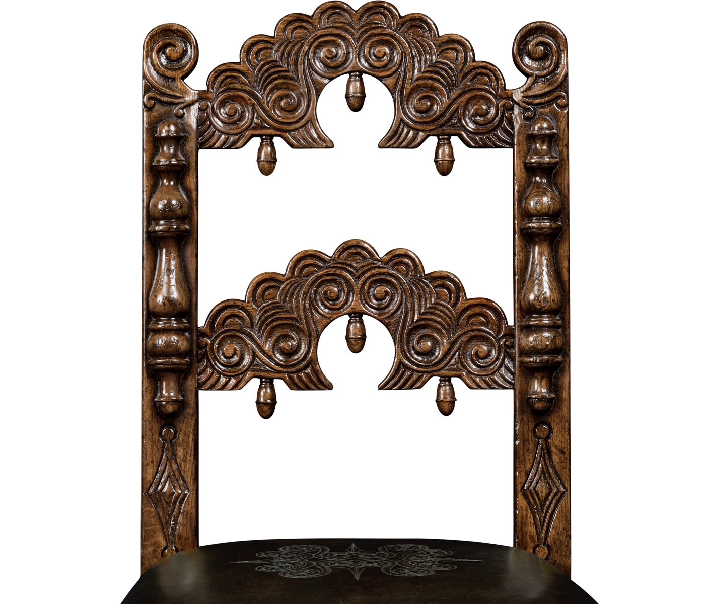 Elizabethan Style Dark Oak Side Chair Open Back with Antique Caviar Black Leather