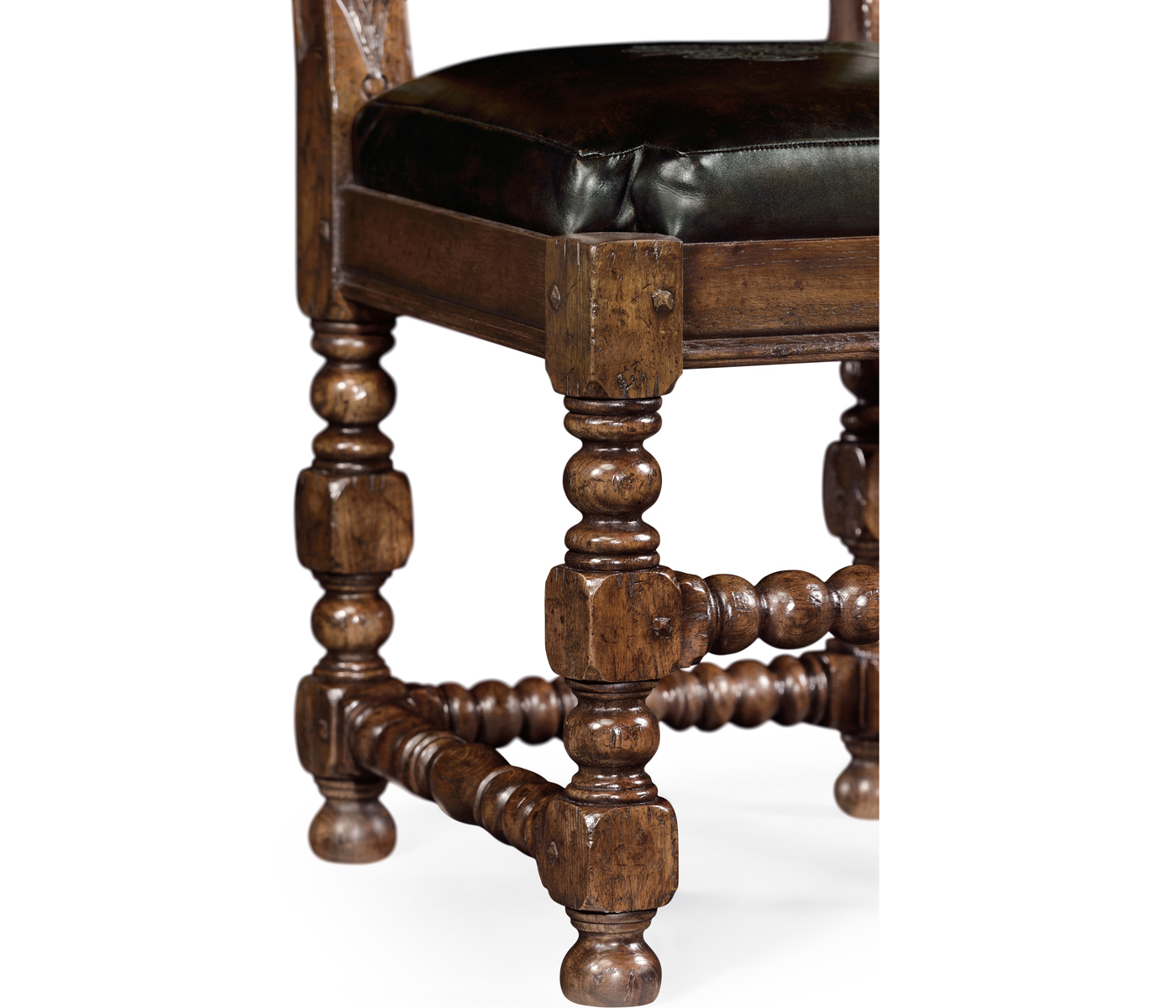 Elizabethan Style Dark Oak Side Chair Open Back with Antique Caviar Black Leather