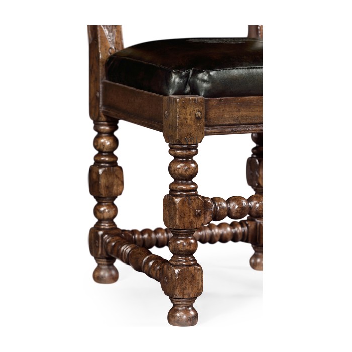 Elizabethan Style Dark Oak Side Chair Open Back with Antique Caviar Black Leather