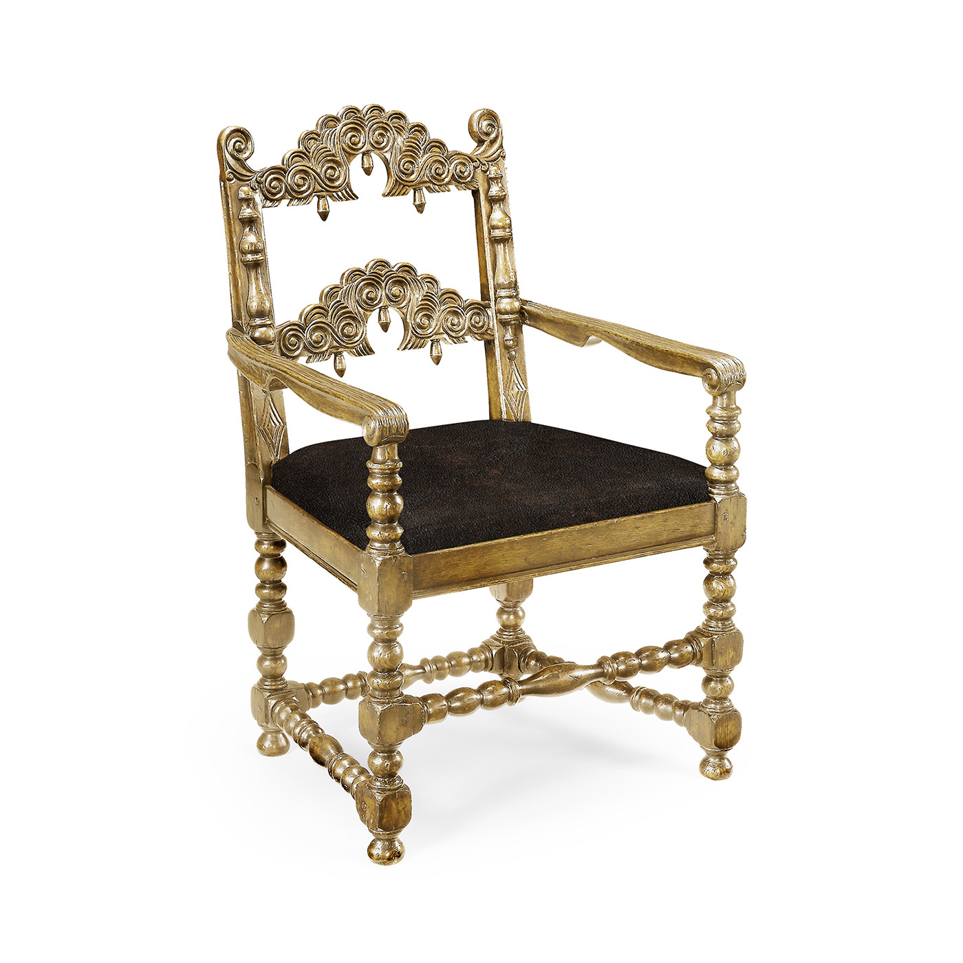 Elizabethan Style Natural Oak Arm Chair Open Back with Antique Chestnut Leather