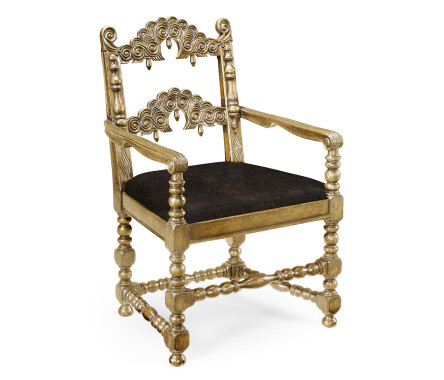 Elizabethan Style Natural Oak Arm Chair Open Back with Antique Chestnut Leather