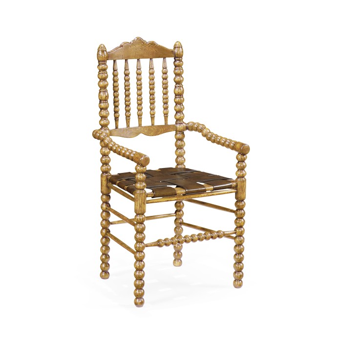 Bobbin Natural Oak Arm Chair with Medium Antique Chestnut Leather Seat