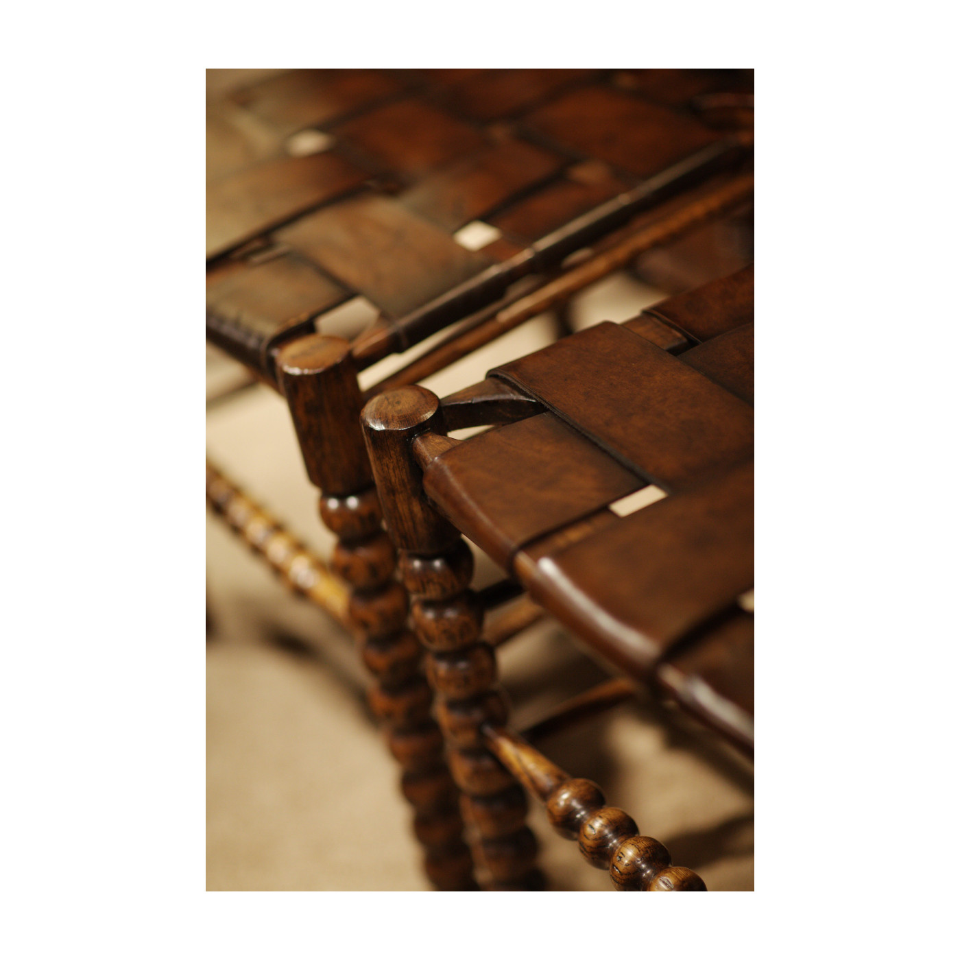 Bobbin Dark Oak Side Chair with a Medium Antique Chestnut Leather Seat