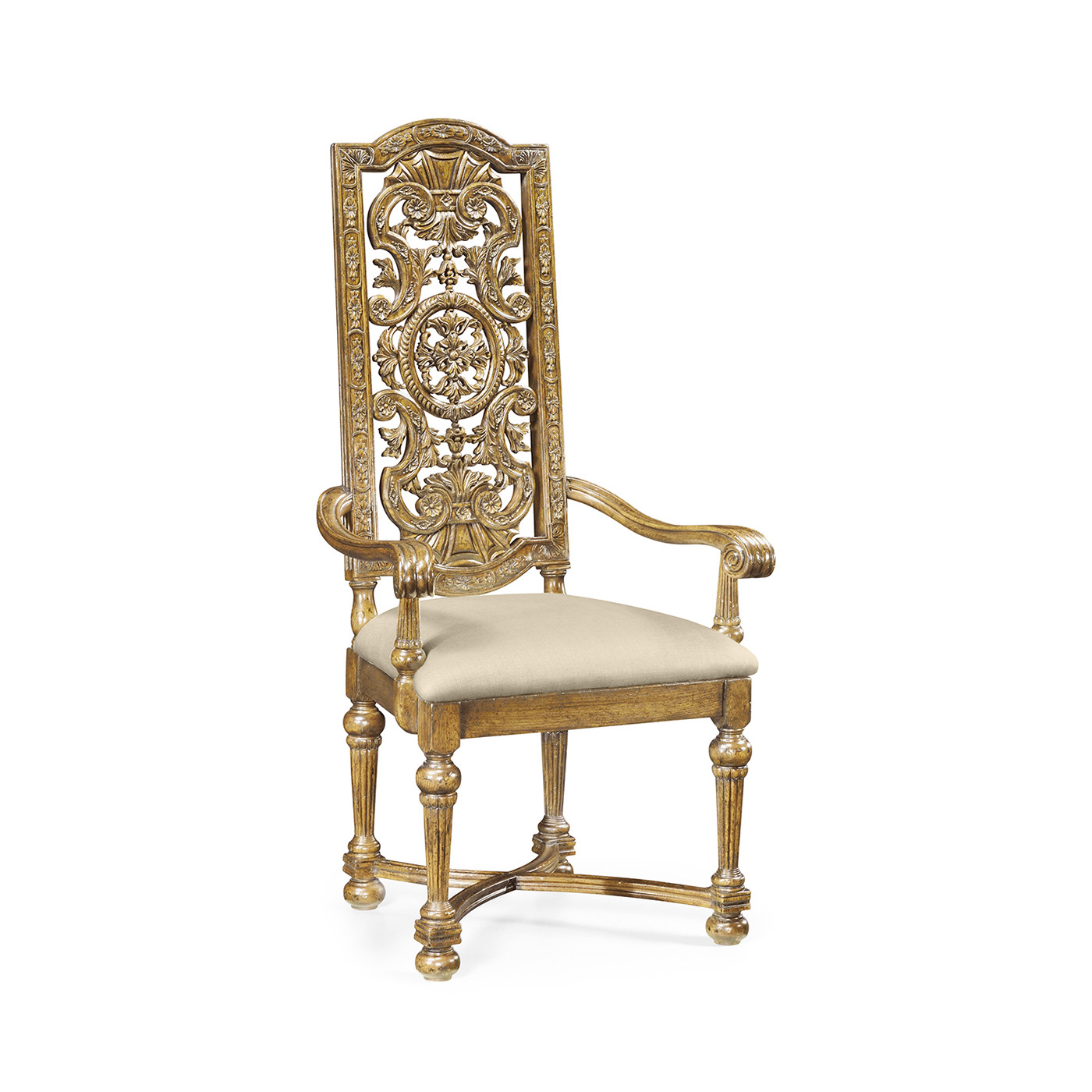 Jacobean Style Natural Oak Pierced Back Arm Chair