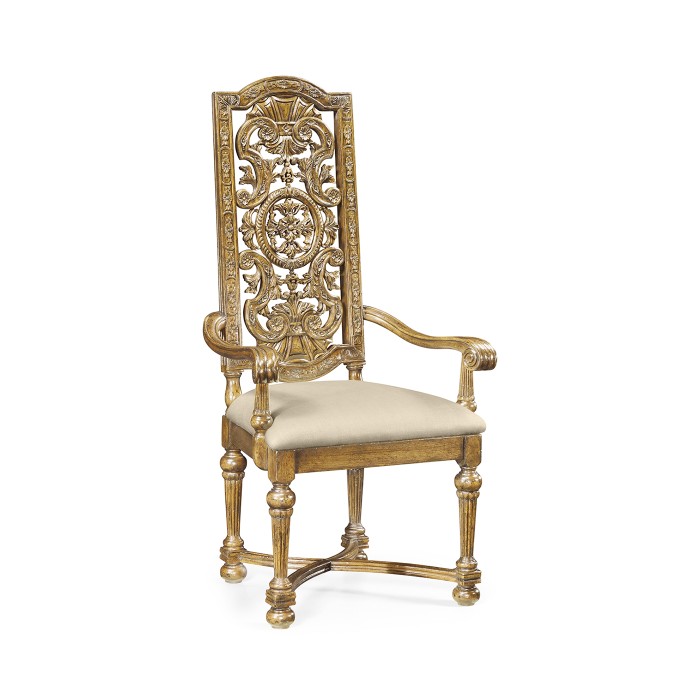 Jacobean Style Natural Oak Pierced Back Arm Chair