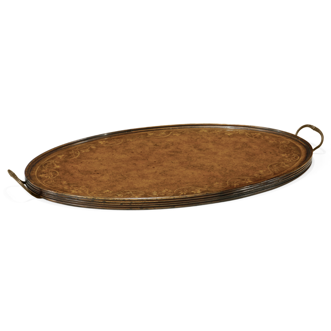 Oval Burl Walnut Tray with Floral Inlay
