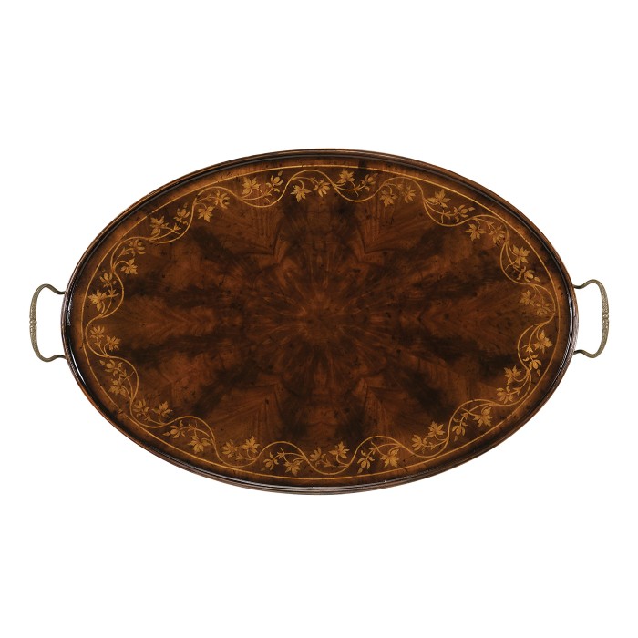Oval Mahogany Tray with Floral Inlay
