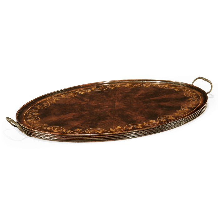 Oval Mahogany Tray with Floral Inlay