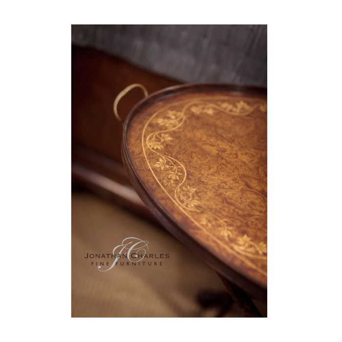 Oval Burl Walnut Tray on Stand with Floral Inlay