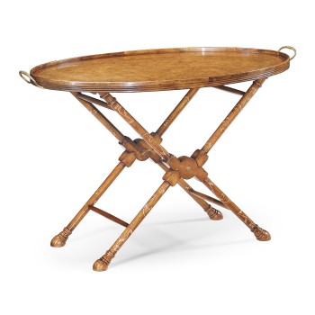Oval Burl Walnut Tray on Stand with Floral Inlay