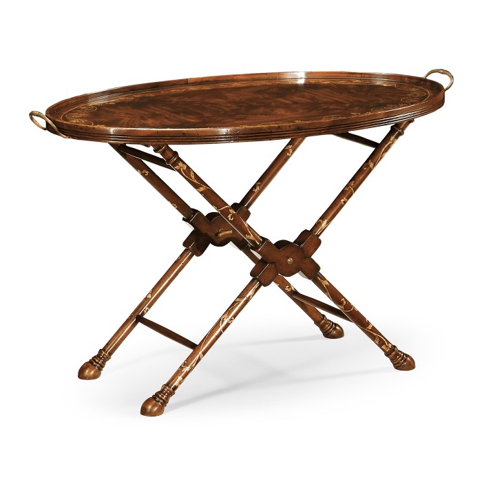Oval Mahogany Tray on Stand with Floral Inlay