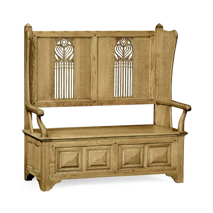 Gothic Style Natural Oak Settle with Storage