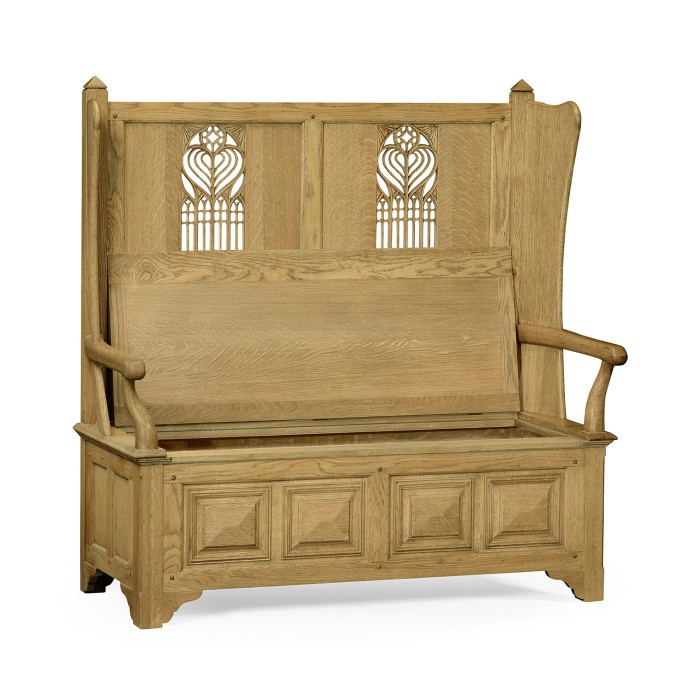 Gothic Style Natural Oak Settle with Storage