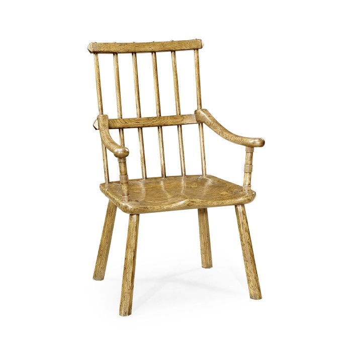 Rustic Natural Oak Country Arm Chair with A Plank Seat