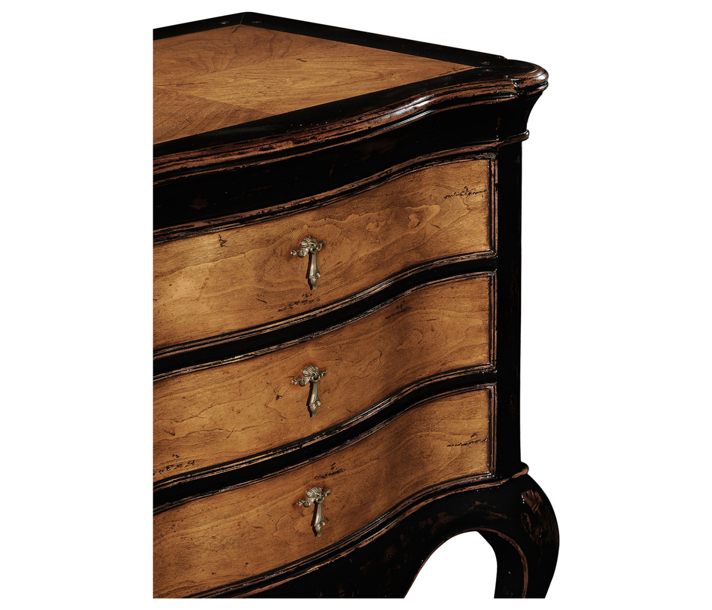 French style black painted and cherry bedside chest