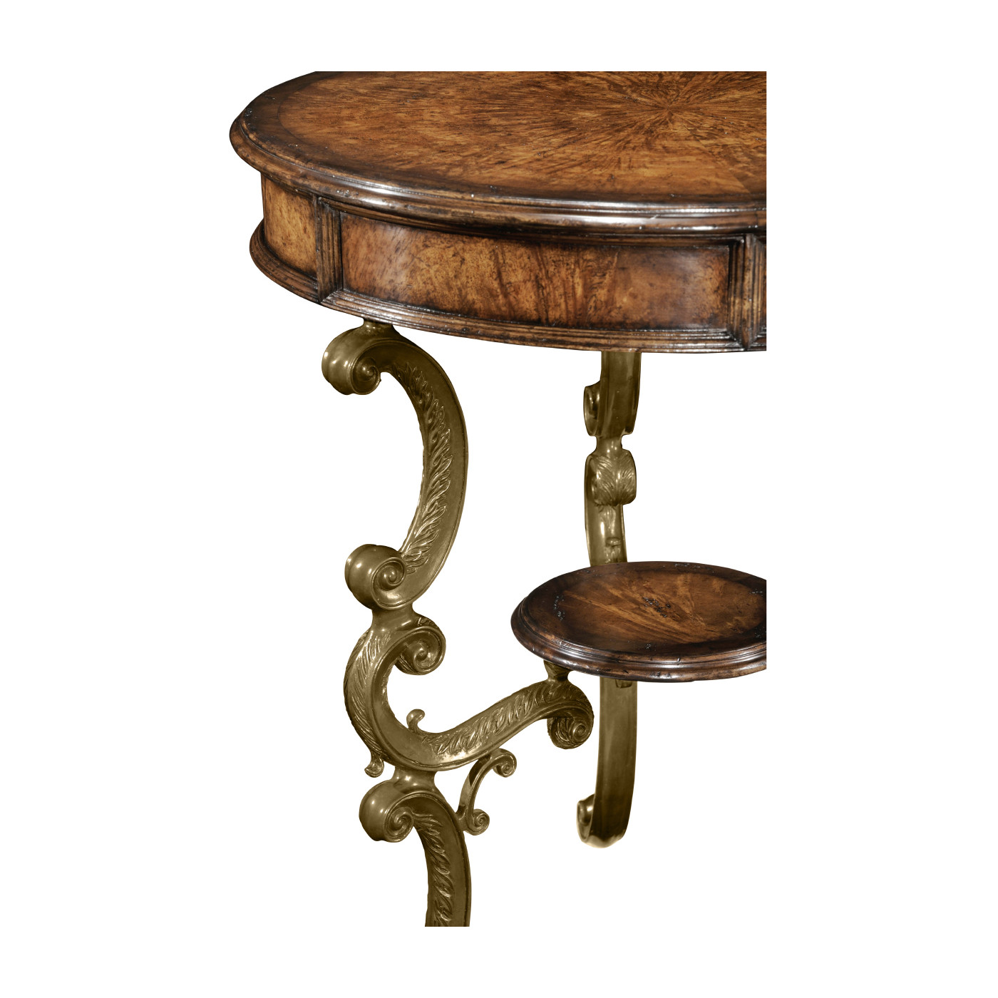 Crotch walnut round table on brass base