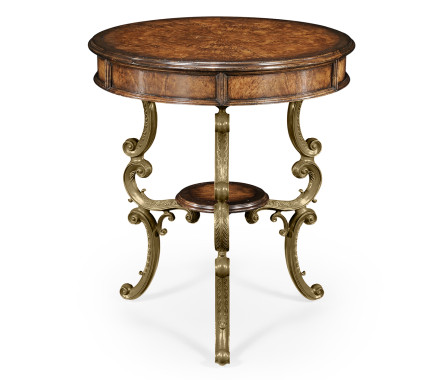 Crotch walnut round table on brass base