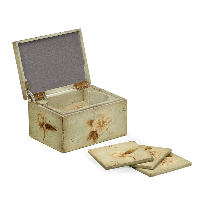 Drinks Coasters Box with Painted Floral Design