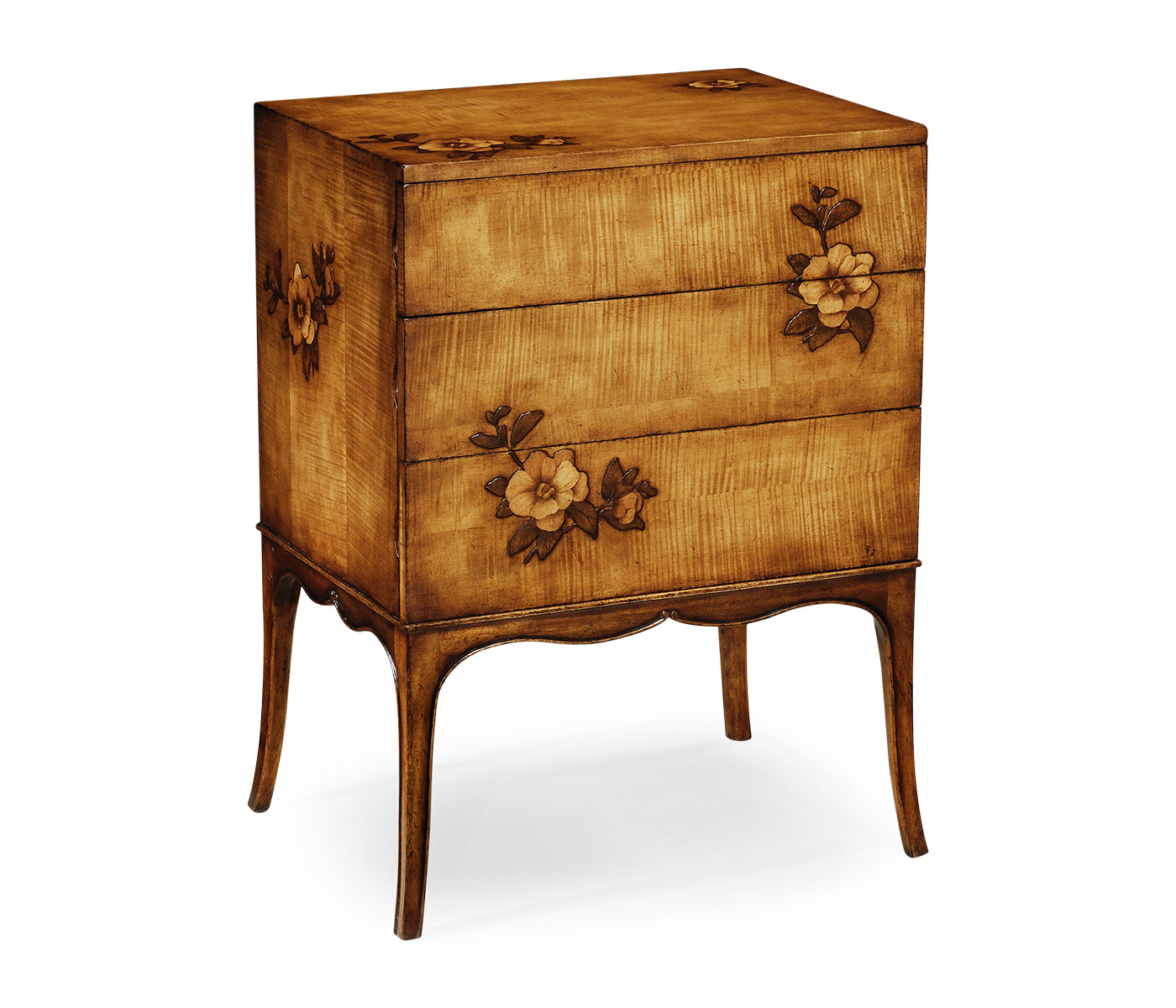 Walnut raised floral chest of three drawers